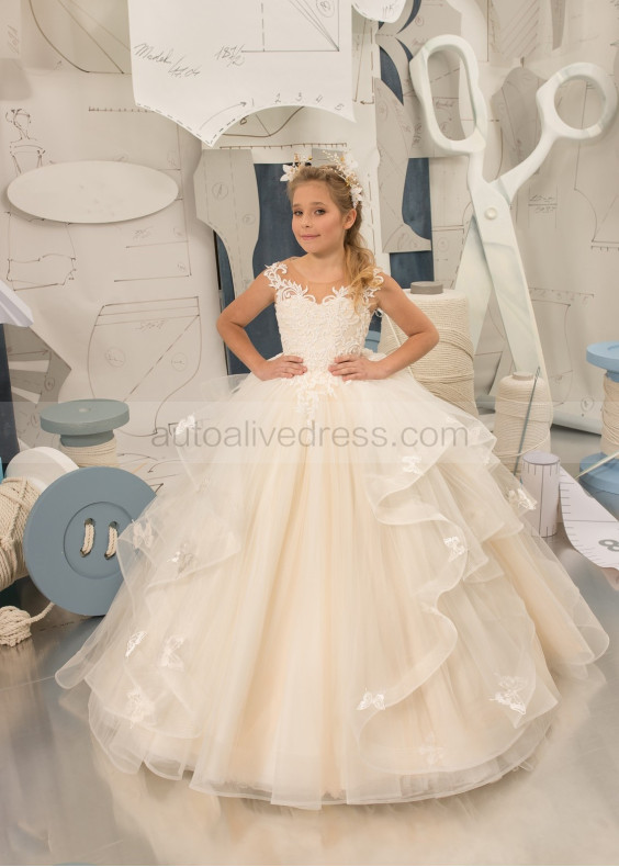 Ivory Glitter Lace Champagne Tulle Chic Flower Girl Dress